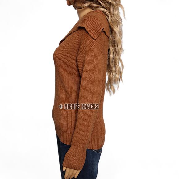 Cyrus Lapel V-Neck Sweater XS – Tawny Ribbed Knit Soft Pullover Preppy Fall Top - Picture 3 of 9